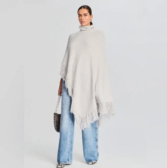 SER.O.YA Sweaters - Ser.O.Ya Frost Poncho Wool Blend Fringe Hem Boho Silver Beige Women's XXS/XS